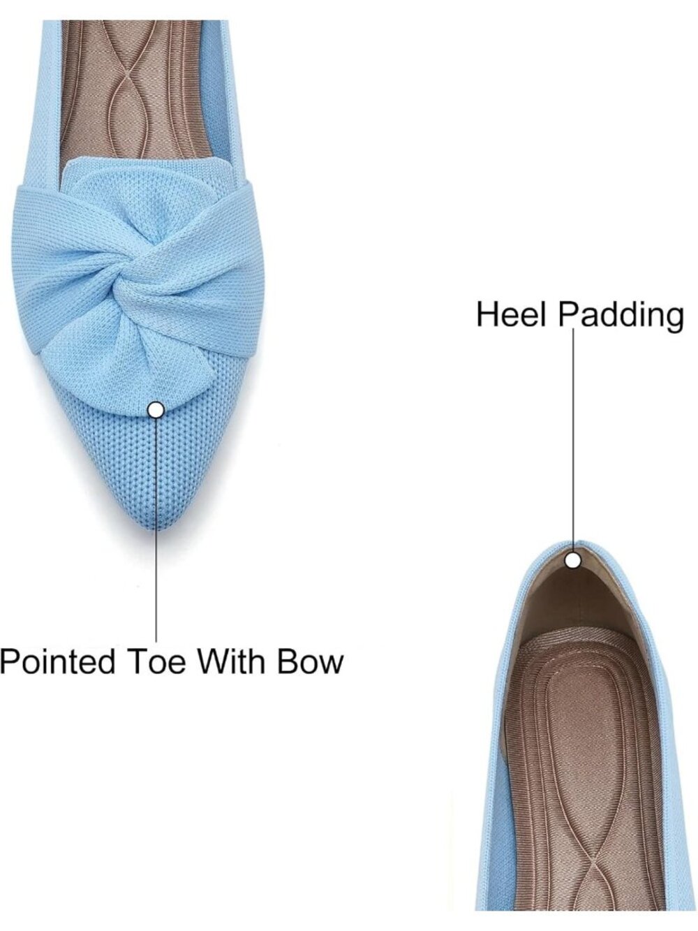 Women's Light Blue Pointed Toe Bow Comfortable Knit Pull On Dressy Ballet Flats - Picture 6 of 7